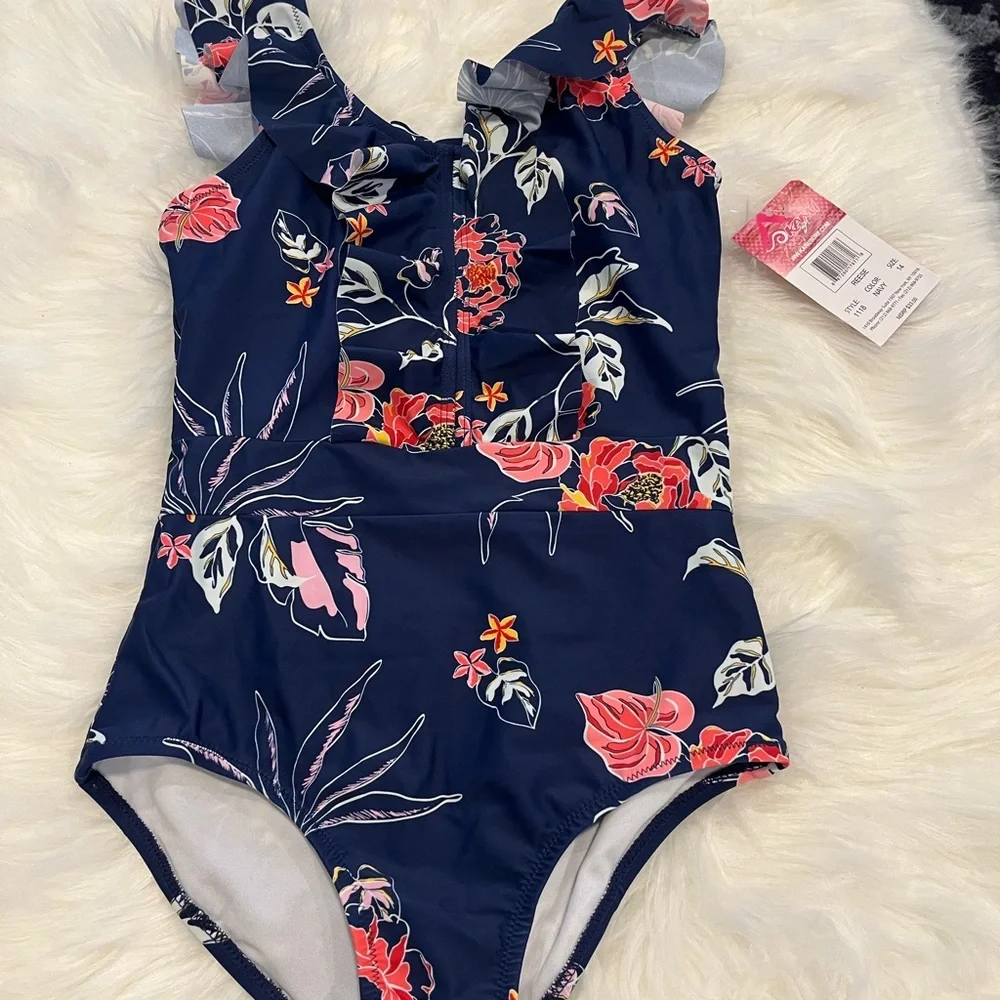 Kanu Surf Kids One-Piece Swimsuit Navy with Pink Floral